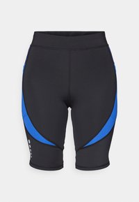 Pantaloni sportivi neri con pannelli laterali blu, realizzati in tessuto elasticizzato. Presentano un design aderente e cuciture piatte per il massimo comfort.
