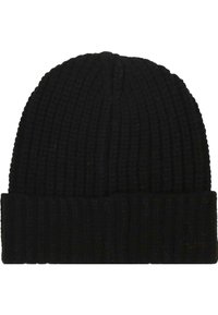Berretto di maglia nera con texture a coste, dotato di risvolto nella parte inferiore. Realizzato in materiale morbido e caldo.