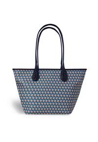 Torba tote w niebiesko-pomarańczowo-białym geometrycznym wzorze sześcianu, z ciemnoniebieskimi plecionymi skórzanymi uchwytami.