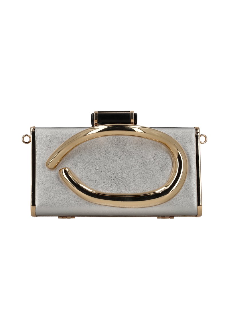 Silberne Leder-Clutch mit glänzendem, goldenem, abstraktem Akzent und schwarzem oberen Verschluss. Verfügt über eine strukturierte Oberfläche und rechteckige Form.