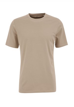 Camiseta de manga corta beige, hecha de tela suave. Cuenta con un cuello redondo clásico y un corte relajado, sin patrones ni acentos visibles.
