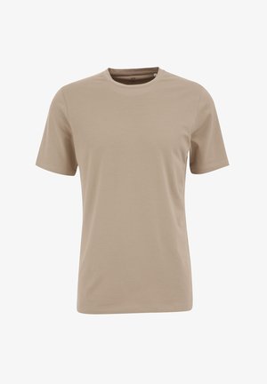 Beige T-shirt met korte mouwen, gemaakt van zachte stof. Beschikt over een klassieke ronde halslijn en een ontspannen pasvorm, zonder zichtbare patronen of accenten.