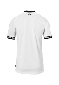 Hvid atletisk t-shirt med sort krave og ærme aksenter, med "Kempa" logo på ærmerne og rundt logo på bagsiden.