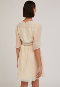 Abito corto plissettato in beige chiaro con maniche trasparenti e vita testurizzata. Presenta una chiusura con bottoni sul retro e accenti di design sottili.