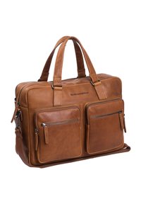 Braune Leder-Laptoptasche mit zwei vorderen Reißverschlussfächern, oberen Griffen und einem abnehmbaren Schultergurt. Glatte Textur, rechteckige Form.