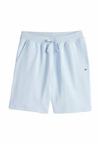 Shorts de sport bleu clair en tissu doux, avec une taille élastique à cordon de serrage et deux poches latérales.