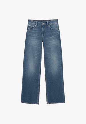 Jeans in denim blu a gamba larga con lavaggio sbiadito, dotati di chiusura con bottone e zip, design a cinque tasche e dettagli con orlo grezzo.