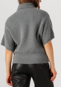 Grijze gebreide trui met korte mouwen en een hoge kraag. Zachte, gestructureerde afwerking met een geribde zoom. Draagt met zwarte leren broek.