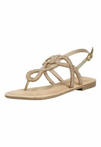 Beige flad sandal med glitrende rhinstenremme i et sammenflettet design og en justerbar ankelrem med guldspænde.