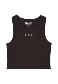 Sort crop top lavet af strækbart stof med rund halsudskæring og brede ærmehuller. "HALO" logoet trykt i hvidt på forsiden.