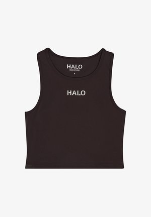 Zwarte cropped top van rekbare stof, met een ronde halslijn en wijde armsgaten. "HALO" logo in het wit gedrukt op de voorkant.