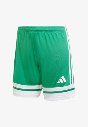 Grüne Sportshorts mit einem weißen und grünen gestreiften Saum. Hergestellt aus leichtem Material, mit einem elastischen Bund und drei weißen Streifen an der Seite.