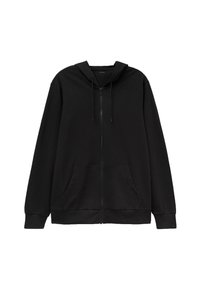 Schwarze Zip-Up Kapuzenjacke aus weichem Material, mit Zugbandkapuze, Kängurutaschen und gerippten Bündchen sowie Saum. Minimalistisches Design.