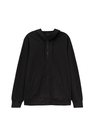 Felpa nera con zip realizzata in materiale morbido, dotata di cappuccio con coulisse, tasche a marsupio e polsini e orlo a coste. Design minimalista.