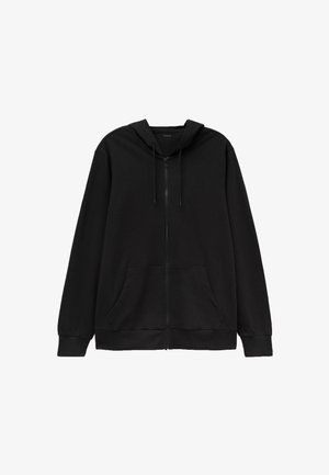 Schwarze Zip-Up Kapuzenjacke aus weichem Material, mit Zugbandkapuze, Kängurutaschen und gerippten Bündchen sowie Saum. Minimalistisches Design.