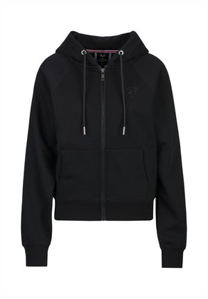 Schwarzer Kapuzenpullover mit Reißverschluss, Fronttaschen, verstellbarem Tunnelzug an der Kapuze und dezent gesticktem Logo auf der linken Brust.