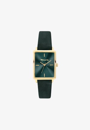 Guld rektangulært ur med mørkegrøn solstrålemønstret skive, guldmarkører og -visere samt matchende mørkegrøn læderrem fra Tamaris.