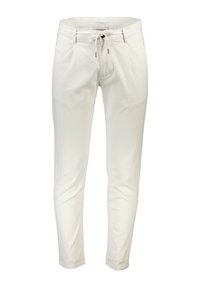 Białe bawełniane spodnie z elastycznym pasem, sznurkiem do wiązania i przednimi kieszeniami. Zwężane nogawki o gładkiej fakturze.