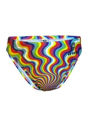 Herren-Schwimmbriefs mit einem bunten, wellenförmigen Regenbogenmuster und einem "Mr Ukko" Logo auf der rechten Seite.