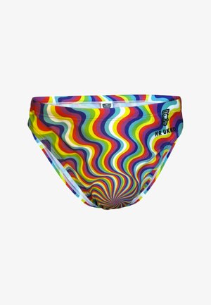 Herren-Schwimmbriefs mit einem bunten, wellenförmigen Regenbogenmuster und einem "Mr Ukko" Logo auf der rechten Seite.