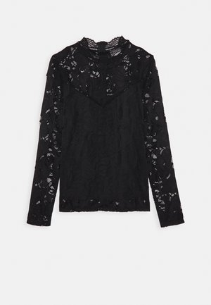 Black long-sleeve top made of lace, featuring a high neck with ruffled trim and floral patterns. Smooth fabric with a sheer overlay.