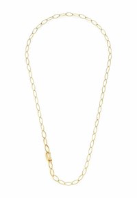 Guldhalsband med avlånga ovala länkar, avslutat med ett spänne. Slät yta och enhetlig guldnyans genom hela kedjan.