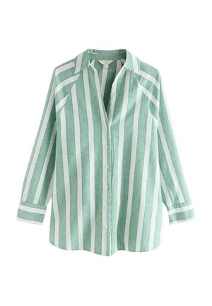 Green and white striped button-up shirt, made of lightweight fabric, features a collar, long sleeves, and a straight cut with side slits.