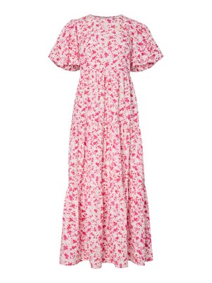 Rochie maxi cu fustă stratificată și mâneci bufante, bază albă cu un model floral dispersat în nuanțe de roz și roșu.