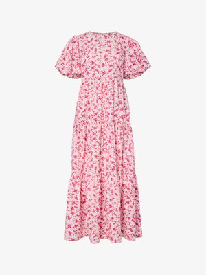 Maxikleit astmeliste seelikute ja lõhikutega varrukatega, valge alus roosade ja punaste lillemustriga.