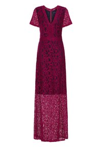 Langes, magentafarbenes Spitzenkleid mit tiefem V-Auschnitt, kurzen Ärmeln, floralem Muster und einem durchsichtigen Rocküberzug. Reißverschluss hinten.