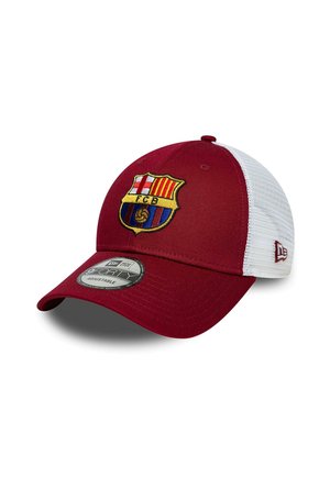 Casquette de baseball réglable en mesh bordeaux et blanc avec le logo du FC Barcelone à l'avant et le logo New Era sur le côté.