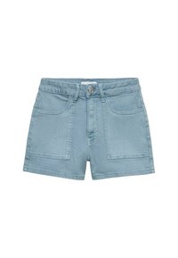 Svijetloplave traper kratke hlače s visokim strukom, dva prednja džepa i dugmetom za zatvaranje. Glatka tekstura i šivani detalji na rubovima.