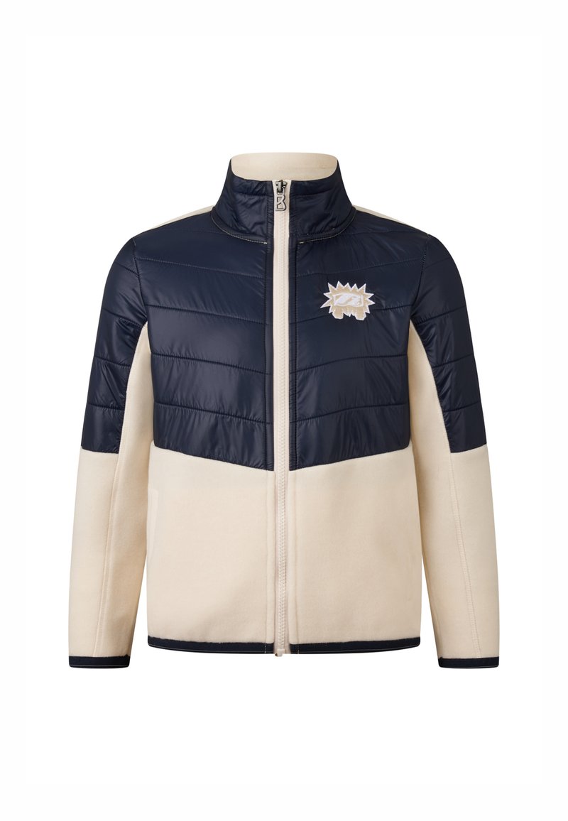 Navy blue and cream fleece jacket with a high collar, zip closure, and quilted upper portion. Features an embroidered logo on the chest.