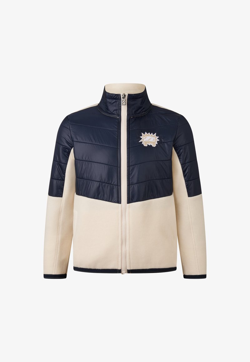 Námořnická modrá a krémová fleecová bunda s vysokým límcem, zapínáním na zip a prošívanou horní částí. Obsahuje výšivku loga na hrudi.