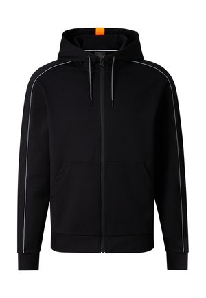 Czarna bluza z kapturem na zamek błyskawiczny z przednimi kieszeniami, szarymi sznurkami, odblaskowymi lamówkami na rękawach i pomarańczową metką z tyłu kaptura.