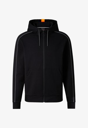 Czarna bluza z kapturem na zamek błyskawiczny z przednimi kieszeniami, szarymi sznurkami, odblaskowymi lamówkami na rękawach i pomarańczową metką z tyłu kaptura.