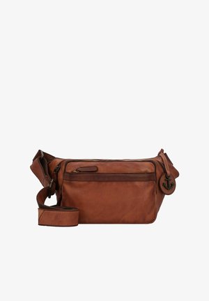 Bruine leren heuptas met verstelbare schouderband, meerdere ritscompartimenten en een accentlabel met een ankerlogo. Gladde textuur.