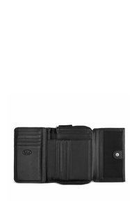 Portafoglio in pelle nera con scomparto con zip, molteplici fessure per carte e chiusura a pressione. Texture liscia e design minimalista.