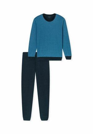 Ensemble de loungewear deux pièces composé d'un haut bleu texturé à manches longues et d'un pantalon bleu marine, tous deux avec des poignets côtelés et un col rond.