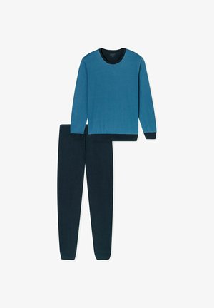 Zweiteiliges Loungewear-Set bestehend aus einem blauen strukturierten Langarmoberteil und einer dunkeln Marinehose, beide mit gerippten Bündchen und Rundhalsausschnitt.