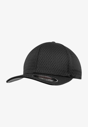 Black cap made of breathable mesh material, curved visor, six-panel design, featuring a fitting band. Notable stitching on the crown.