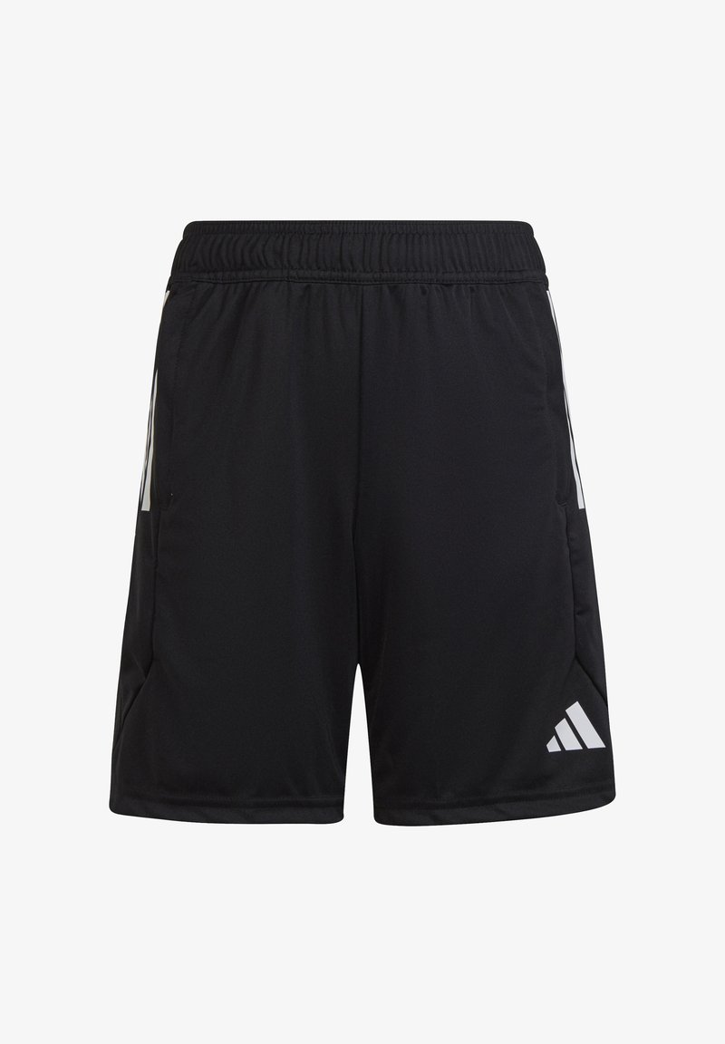 Schwarze Sportshorts aus leichtem Material, mit einem Kordelzugbund, seitlichen Taschen und weißen Akzentstreifen an den Seiten.