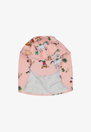Lyserød børnesolhat med nakkeklappe, dekoreret med illustrationer af piger, hvide heste med blå pletter, grønne aber og solikoner.
