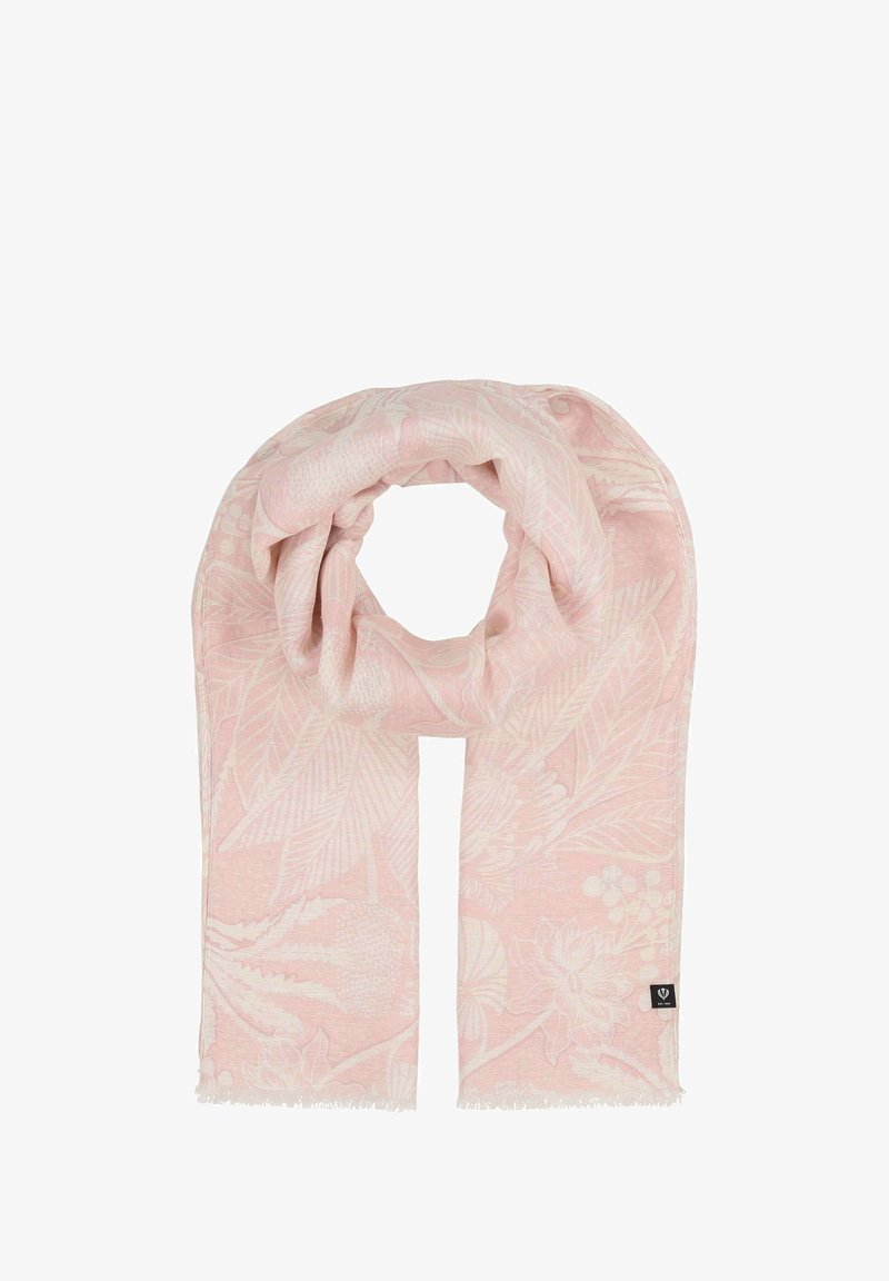 Heled roosa sall, mis on valmistatud pehmest kangast, millel on valge lilleline muster, lõpetatud frantside ja väikese sildiga ühel äärel.