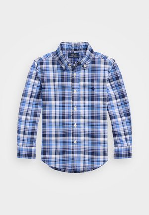 Koszula w niebiesko-białą kratę z długim rękawem, zapinana na guziki, z kołnierzykiem na guziki i logo Polo Ralph Lauren na piersi.