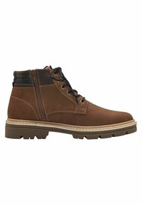 Botte en cuir marron avec un col en tissu texturé, à lacets à l'avant, fermeture éclair sur le côté et semelle en caoutchouc robuste. Présente des accents marron et noir.