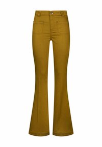 Ausgestellte gelb-braune Jeans mit hoher Taille, Fünf-Taschen-Design und glatter Textur mit dezenten Steppnähten.