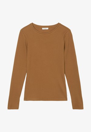 Tričko s dlouhým rukávem z hnědé bavlny. Má kulatý výstřih a přiléhavý střih. Hladká textura s minimálními švy a bez viditelných vzorů.