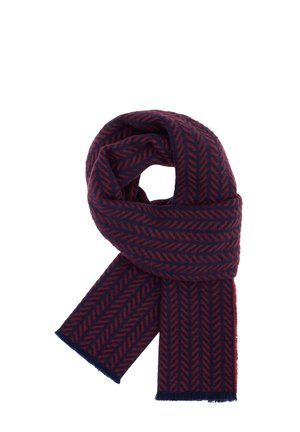 Geweven sjaal met een visgraatpatroon in marineblauw en kastanjebruin, met rafelige randen, een zachte textuur en een rechthoekige vorm.