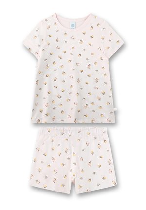 Hellrosa Kurzarm-Oberteil und Shorts mit kleinen gelben und pinken Blumen- und Kronenmuster.